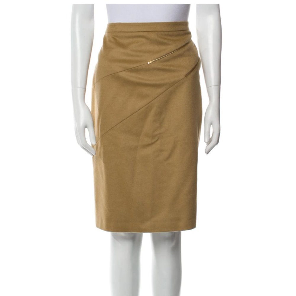 Michael Kors Virgin Wool Knee-Length Skirt, Tan Beige, Diagonal Zipper, Size 8